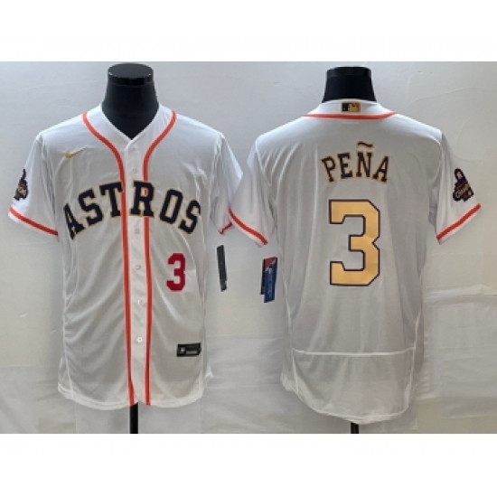 Men's Houston Astros #3 Jeremy Pena Number 2023 White Gold World Serise Champions Flex Base Stitched Jersey2 - Ujersey