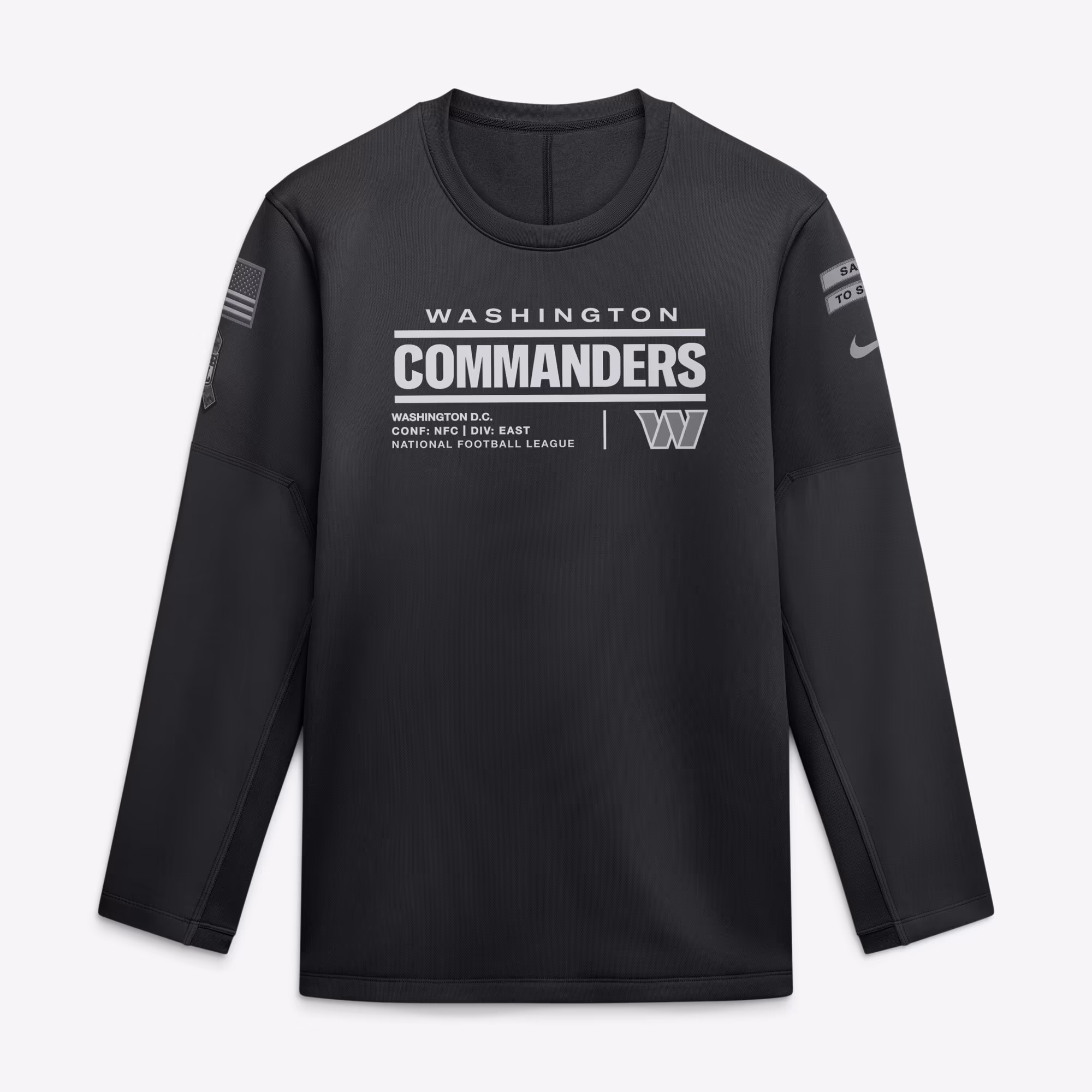 Men's Washington Commanders  Nike Black 2026 Salute to Service Sideline Coaches Crewneck Therma-FIT Sweatshirt