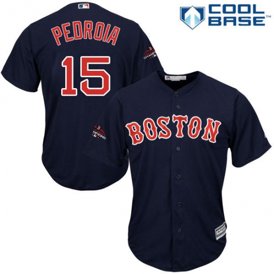 Youth Majestic Boston Red Sox #15 Dustin Pedroia Authentic Navy Blue Alternate Road Cool Base 2018 World Series Champions MLB Jersey - Ujersey