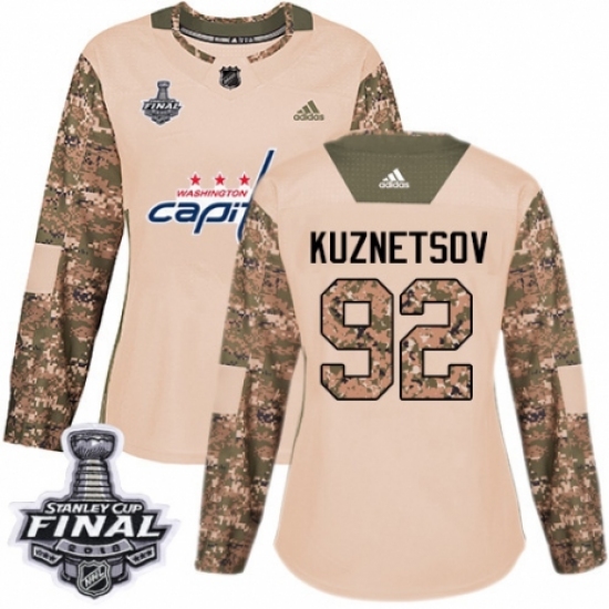 Women's Adidas Washington Capitals #92 Evgeny Kuznetsov Authentic Camo Veterans Day Practice 2018 Stanley Cup Final NHL Jersey - Ujersey