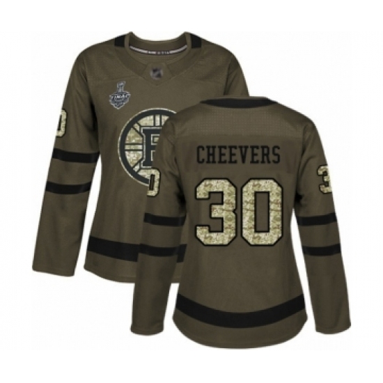 Women's Boston Bruins #30 Gerry Cheevers Authentic Green Salute to Service 2019 Stanley Cup Final Bound Hockey Jersey - Ujersey