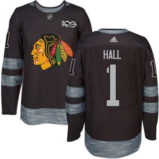 Men's Adidas Chicago Blackhawks #1 Glenn Hall Authentic Black 1917-2017 100th Anniversary NHL Jersey
