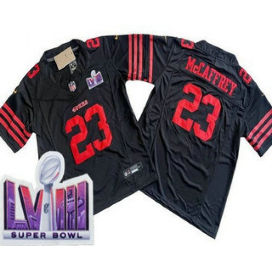 Men's San Francisco 49ers #23 Christian McCaffrey Limited Black LVIII Super Bowl FUSE Vapor Jersey - Ujersey