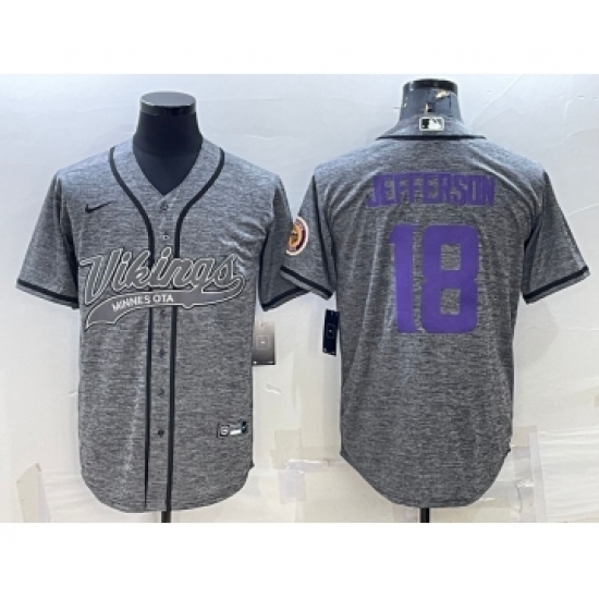 Men's Minnesota Vikings #18 Justin Jefferson Grey Gridiron With Patch Cool Base Stitched Baseball Jersey - Ujersey
