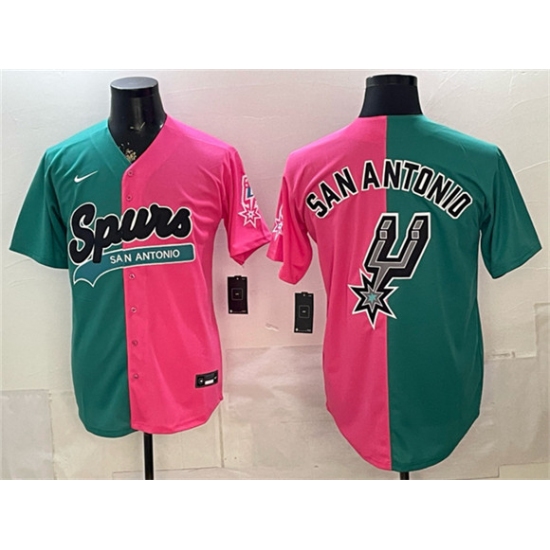 Men's San Antonio Spurs Team Big Logo Teal Pink Split Stitched Jersey