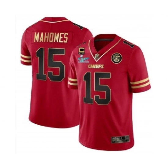 Men’s Kansas City Chiefs #15 Patrick Mahomes Red Gold Super Bowl LVII Patch And 4-star C Patch Vapor Untouchable Limited Stitched Jersey - Ujersey