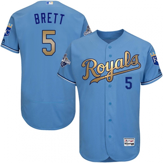 Men's Majestic Kansas City Royals #5 George Brett Authentic Light Blue 2015 World Series Champions Gold Program FlexBase MLB Jersey - Ujersey