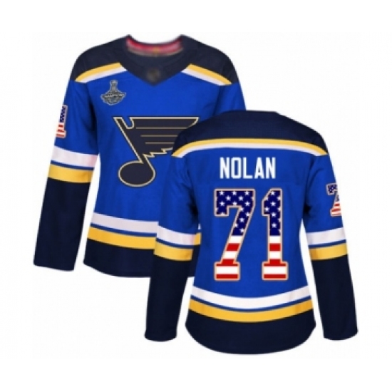 Women's St. Louis Blues #71 Jordan Nolan Authentic Blue USA Flag Fashion 2019 Stanley Cup Champions Hockey Jersey - Ujersey