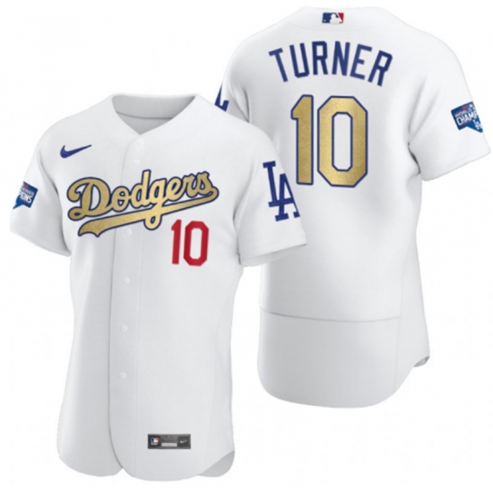 Men's Los Angeles Dodgers #10 Justin Turner Olive Gold 2020 World Series Champions Authentic Jersey - Ujersey
