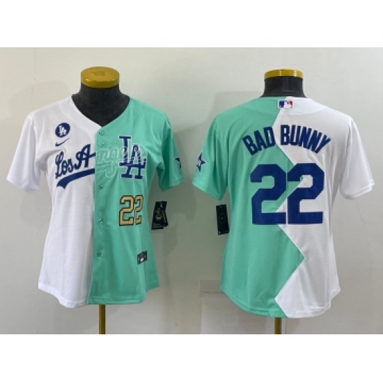 Youth Los Angeles Dodgers #22 Bad Bunny White Green Two Tone 2022 Celebrity Softball Game Cool Base Jersey - Ujersey