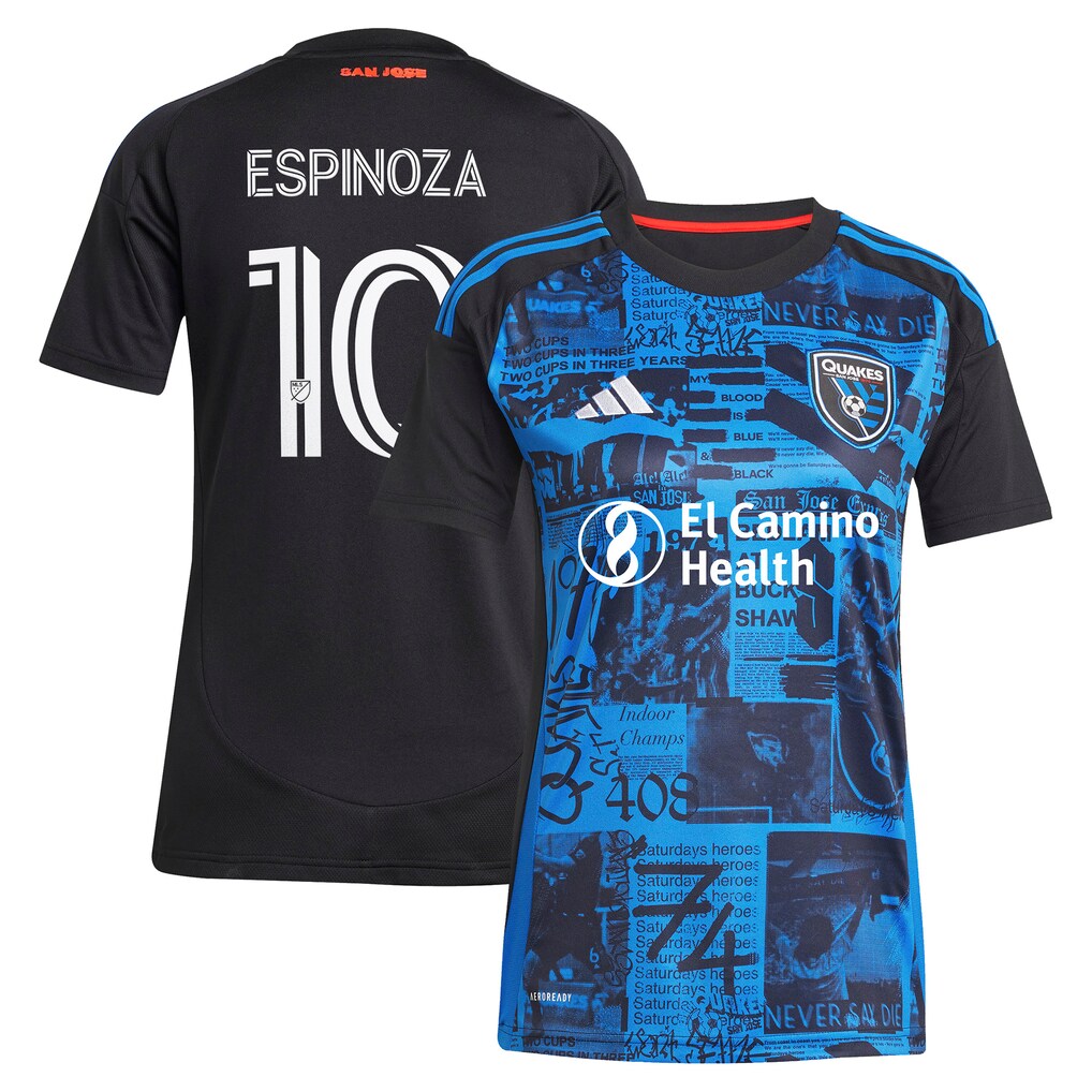 Women's San Jose Earthquakes Cristian Espinoza adidas Black 2025 Headliner Replica Player Jersey - Ujersey