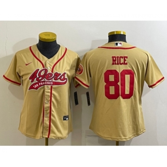 Women's San Francisco 49ers #80 Jerry Rice Gold With Patch Cool Base Stitched Baseball Jersey - Ujersey