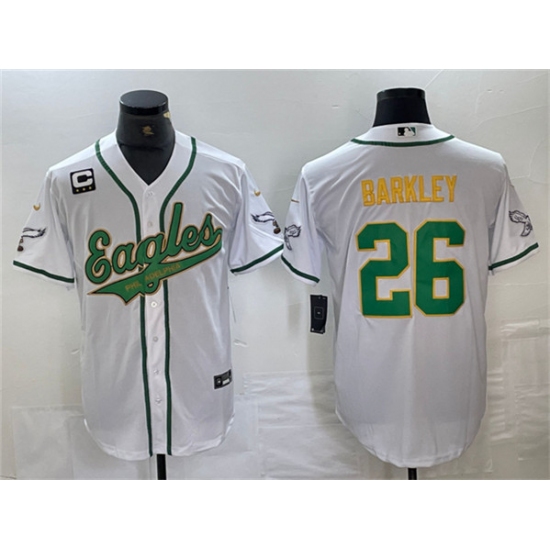 Men's Philadelphia Eagles #26 Saquon Barkley White Gold With 3-star C Cool Base Baseball Stitched Jersey - Ujersey
