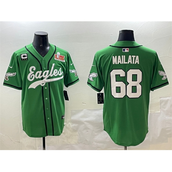 Men's Philadelphia Eagles #68 Jordan Mailata Green 2025 Super Bowl LIX And 3-Star C Stitched Baseball Jersey - Ujersey