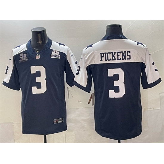 Men's Dallas Cowboys #3 George pickens Navy F.U.S.E. With 5x Super Bowl Champions & Established In 1960 Thanksgiving Vapor Limited Stitched Football Jersey