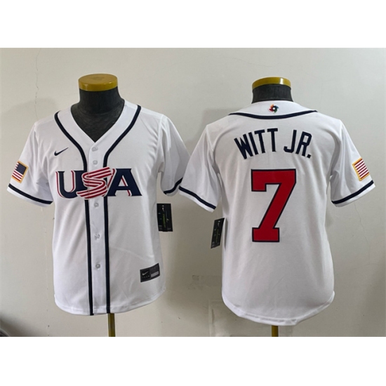 Youth USA Baseball #7 Bobby Witt Jr. White 2026 World Baseball Classic Home Stadium Stitched Baseball Jersey