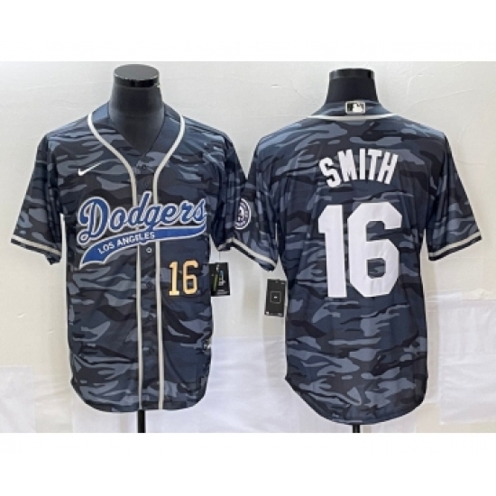 Men's Los Angeles Dodgers #16 Will Smith Number Gray Camo Cool Base Stitched Baseball Jersey - Ujersey