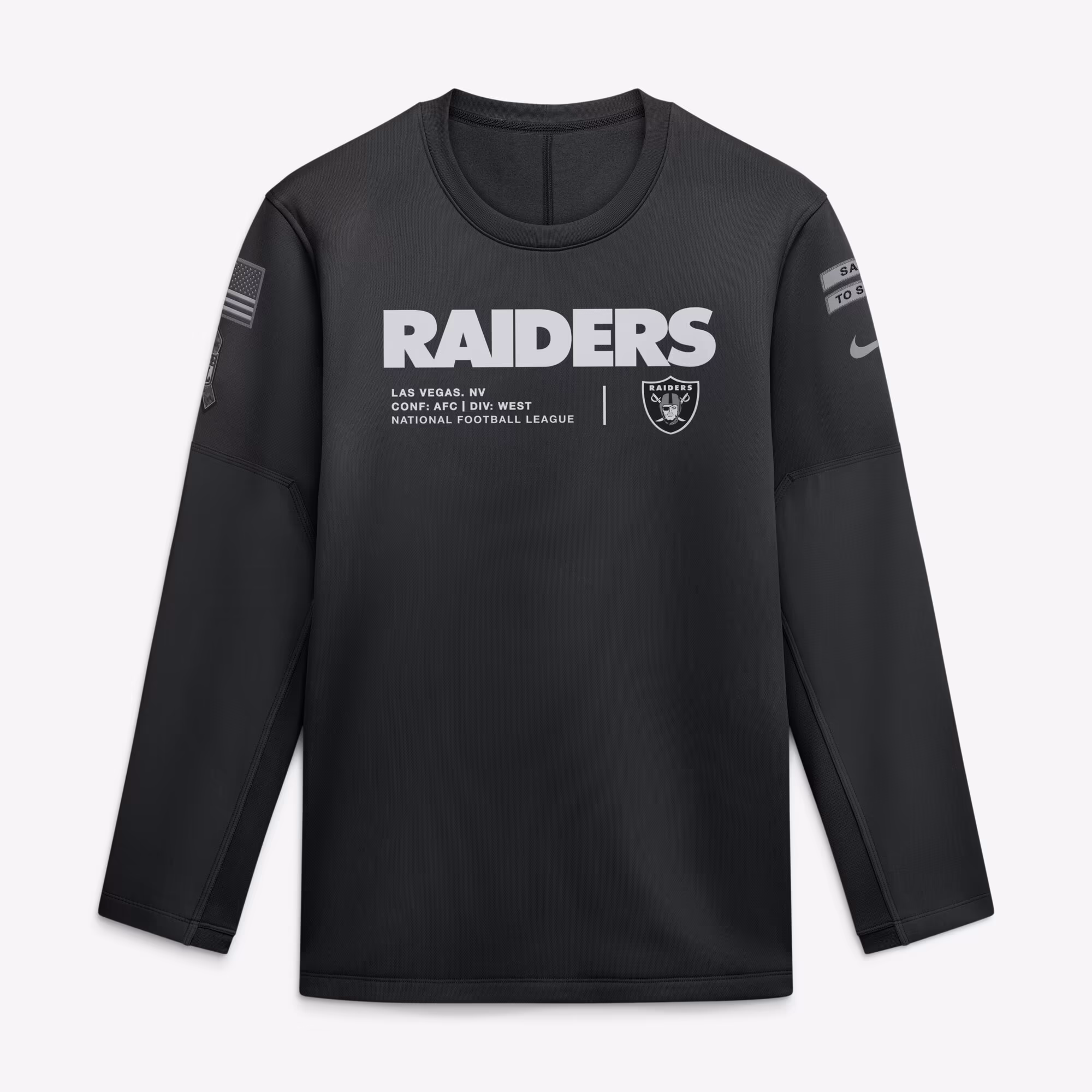 Men's Las Vegas Raiders  Nike Black 2026 Salute to Service Sideline Coaches Crewneck Therma-FIT Sweatshirt - Ujersey