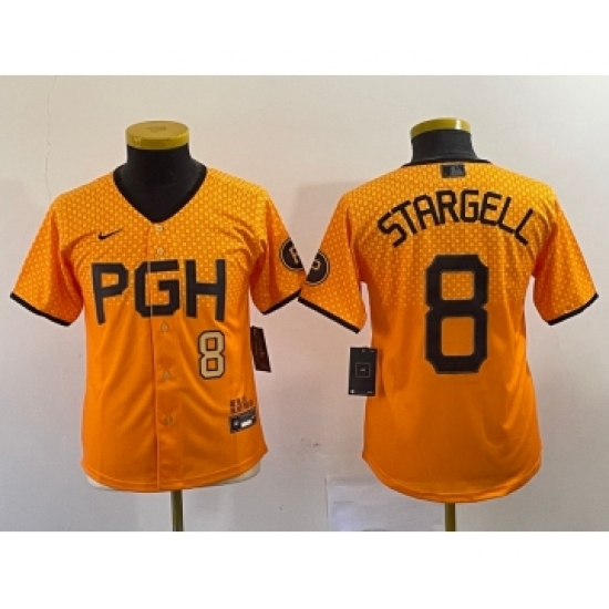 Youth Nike Pittsburgh Pirates #8 Willie Stargell Number Yellow 2023 City Connect Stitched Jersey1