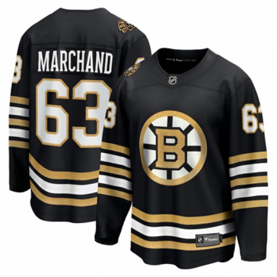 Men's Boston Bruins #63 Brad Marchand Fanatics Branded Black 100th Anniversary Premier Breakaway Player Jersey - Ujersey