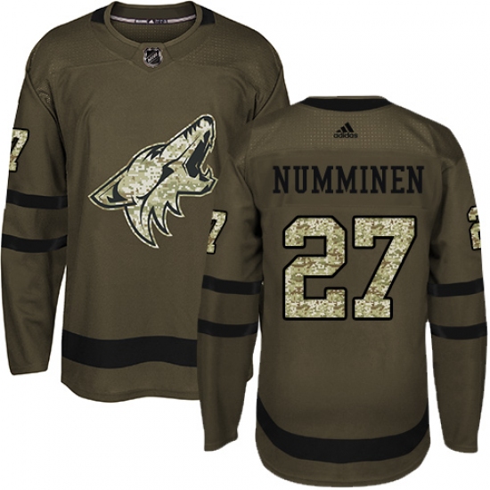 Men's Adidas Arizona Coyotes #27 Teppo Numminen Authentic Green Salute to Service NHL Jersey - Ujersey