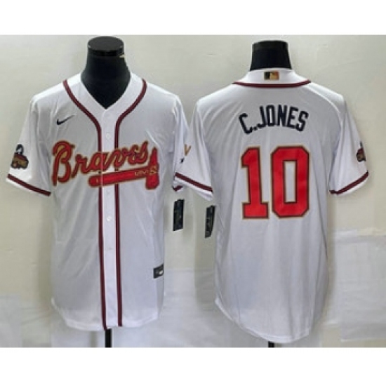 Men's Atlanta Braves #10 Chipper Jones 2022 White Gold World Series Champions Program Cool Base Stitched Baseball Jersey - Ujersey