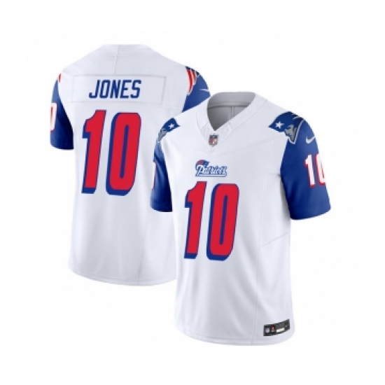 Men's Nike New England Patriots #10 Mac Jones White Blue 2023 F.U.S.E. Vapor Limited Football Stitched Jersey