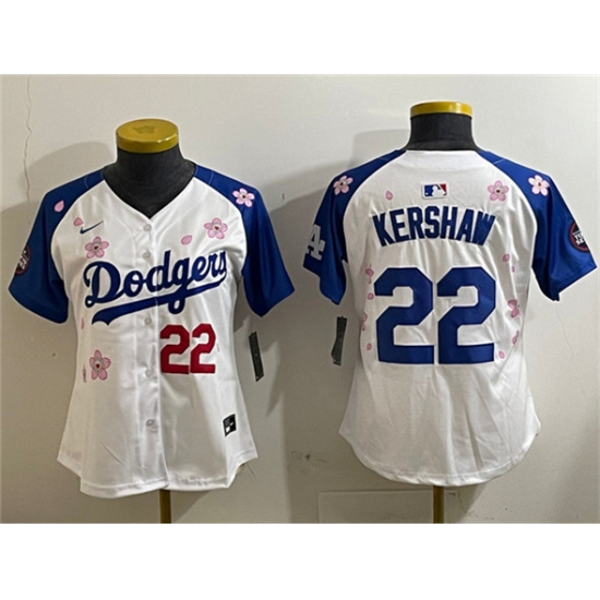 Women's Los Angeles Dodgers #22 Clayton Kershaw White Royal 2025 Tokyo Series Limited Stitched Baseball Jersey(Run Small) - Ujersey