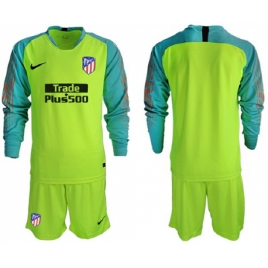 Atletico Madrid Blank Shiny Green Goalkeeper Long Sleeves Soccer Club Jersey