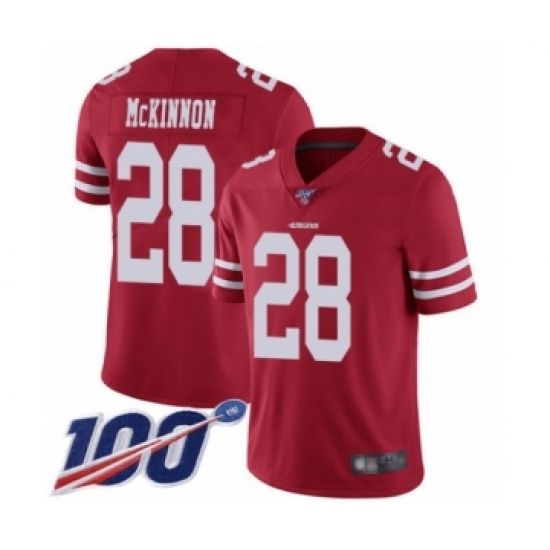 Men's San Francisco 49ers #28 Jerick McKinnon Red Team Color Vapor Untouchable Limited Player 100th Season Football Jersey - Ujersey