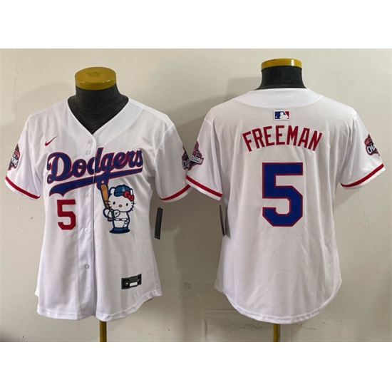 Women's Los Angeles Dodgers #5 Freddie Freeman White Hello Kitty Night 2025 World Series Champions Stitched Baseball Jersey(Run Small) - Ujersey