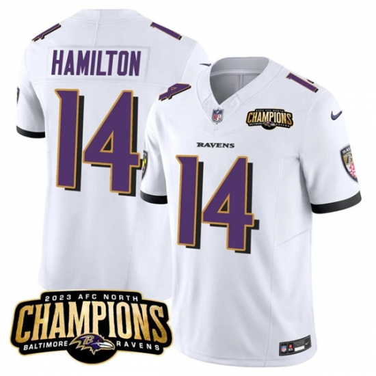 Men's Baltimore Ravens #14 Kyle Hamilton White 2023 F.U.S.E. AFC North Champions Vapor Limited Football Stitched Jersey - Ujersey