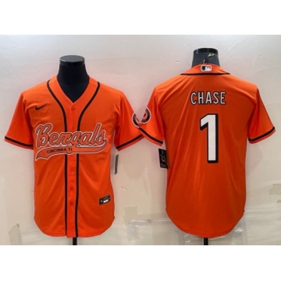 Men's Cincinnati Bengals #1 JaMarr Chase Orange With Patch Cool Base Stitched Baseball Jersey - Ujersey