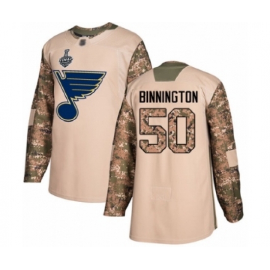 Youth St. Louis Blues #50 Jordan Binnington Authentic Camo Veterans Day Practice 2019 Stanley Cup Final Bound Hockey Jersey - Ujersey