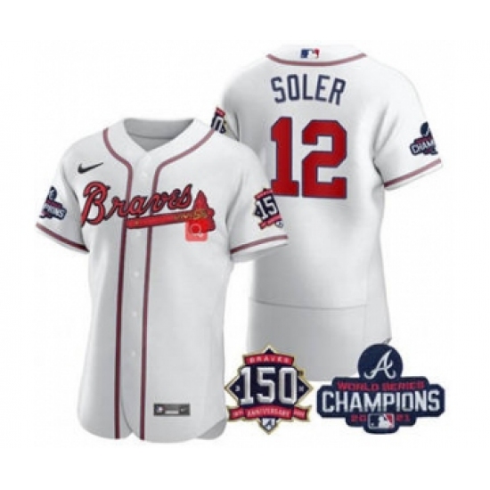 Men's Atlanta Braves #12 Jorge Soler 2021 White World Series Champions With 150th Anniversary Flex Base Stitched Jersey - Ujersey