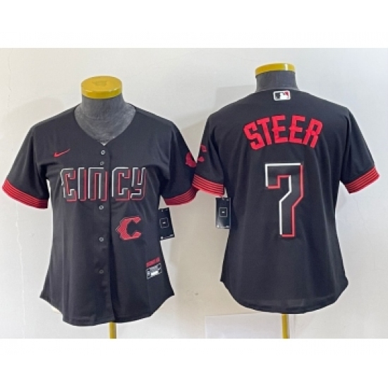 Women's Nike Cincinnati Reds #7 Spencer Steer Black 2023 City Connect Cool Base Stitched Baseball Jersey1 - Ujersey