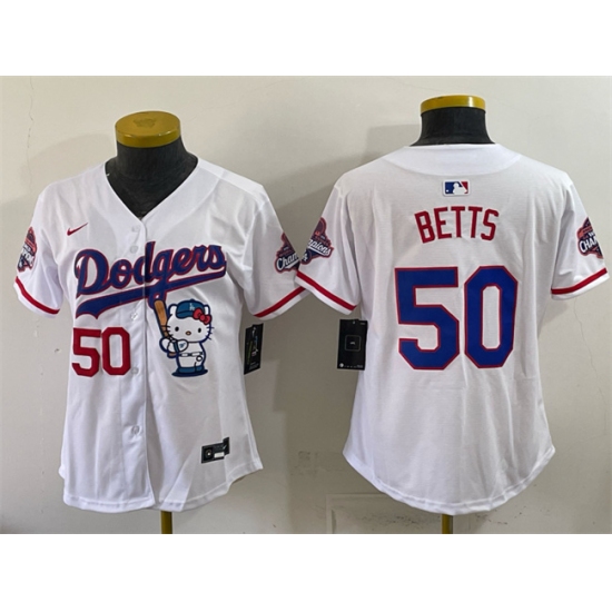 Women's Los Angeles Dodgers #50 Mookie Betts White Hello Kitty Night 2025 World Series Champions Stitched Baseball Jersey(Run Small) - Ujersey