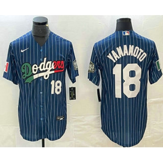 Men's Los Angeles Dodgers #18 Yoshinobu Yamamoto Number Navy Blue Pinstripe Mexico 2020 World Series Cool Base Nike Jersey - Ujersey