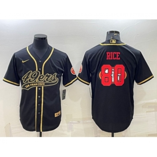 Men's San Francisco 49ers #80 Jerry Rice Black Gold Team Big Logo With Patch Cool Base Stitched Baseball Jersey - Ujersey