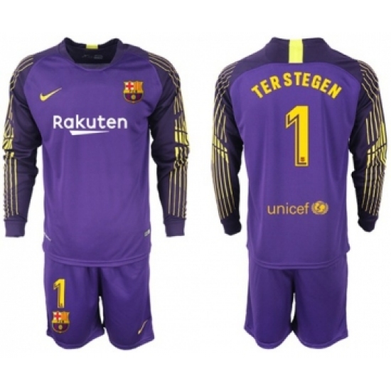 Barcelona #1 Ter Stegen Purple Goalkeeper Long Sleeves Soccer Club Jersey