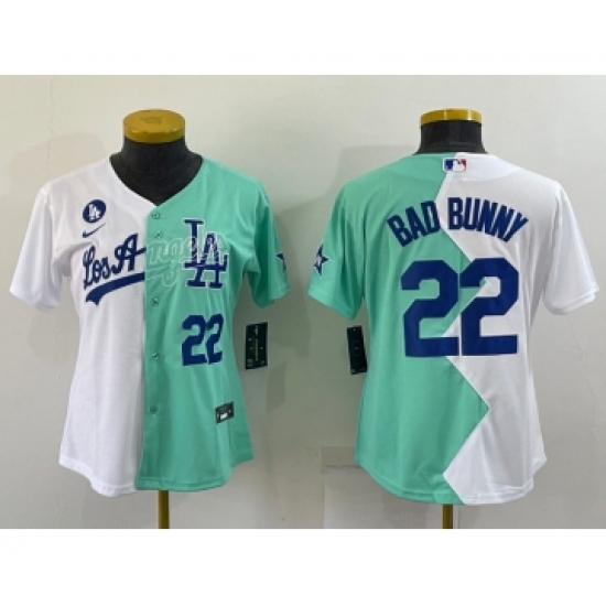 Youth Los Angeles Dodgers #22 Bad Bunny White Green Two Tone 2022 Celebrity Softball Game Cool Base Jersey1 - Ujersey