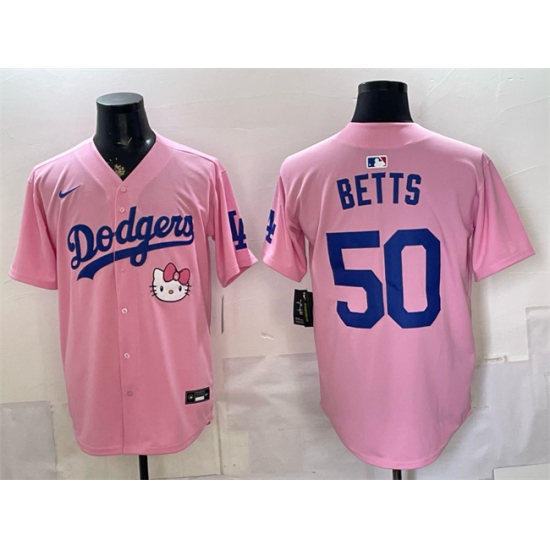 Men's Los Angeles Dodgers #50 Mookie Betts Pink 2025 Hello Kitty Vapor Limited Stitched Baseball Jersey