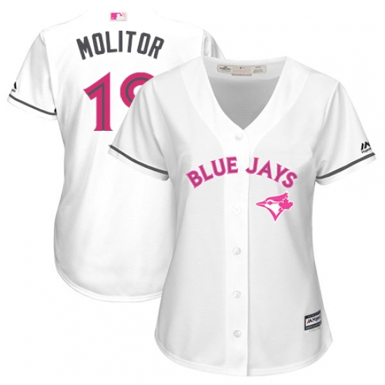 Women's Majestic Toronto Blue Jays #19 Paul Molitor Authentic White Mother's Day Cool Base MLB Jersey - Ujersey