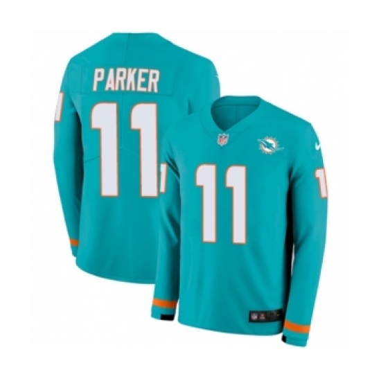 Men's Nike Miami Dolphins #11 DeVante Parker Limited Aqua Therma Long Sleeve NFL Jersey - Ujersey
