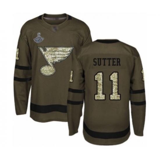 Youth St. Louis Blues #11 Brian Sutter Authentic Green Salute to Service 2019 Stanley Cup Champions Hockey Jersey - Ujersey