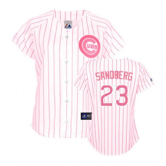 Women's Majestic Chicago Cubs #23 Ryne Sandberg Authentic White/Pink Strip Fashion MLB Jersey - Ujersey