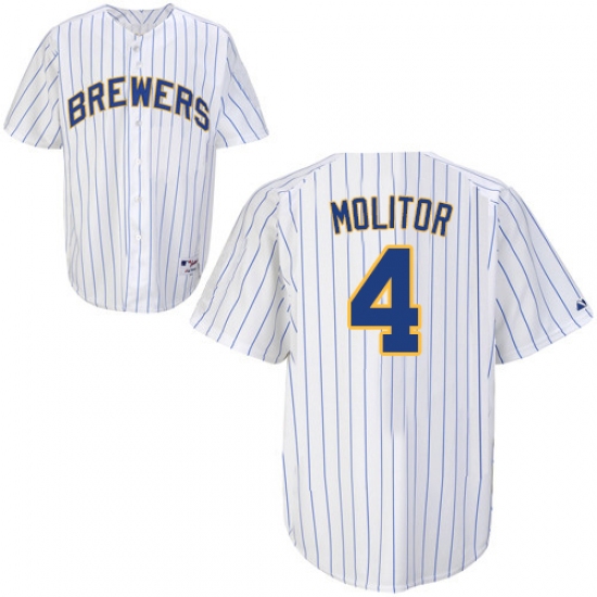 Men's Majestic Milwaukee Brewers #4 Paul Molitor Authentic White (blue strip) MLB Jersey - Ujersey