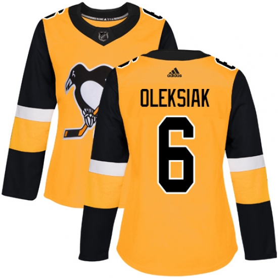 Women's Adidas Pittsburgh Penguins #6 Jamie Oleksiak Authentic Gold Alternate NHL Jersey - Ujersey