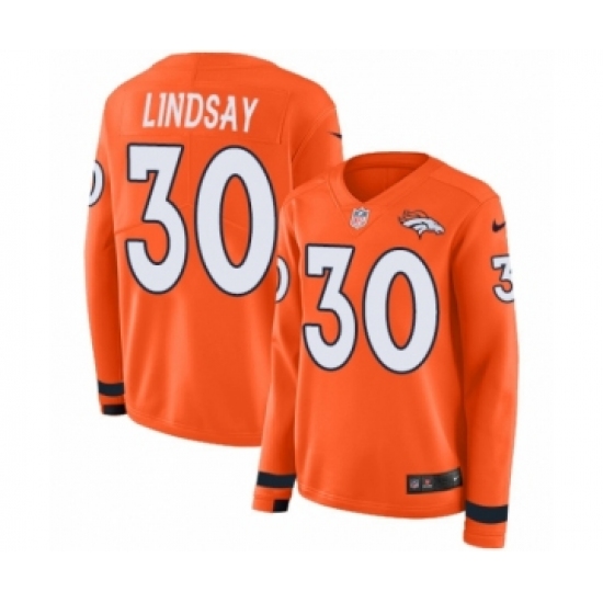 Women's Nike Denver Broncos #30 Phillip Lindsay Limited Orange Therma Long Sleeve NFL Jersey - Ujersey
