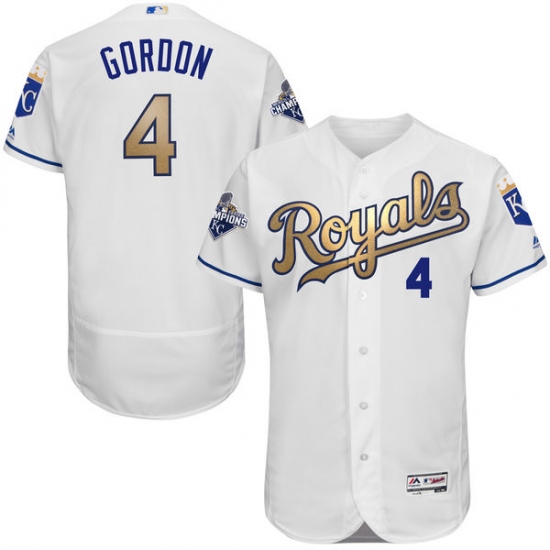 Men's Majestic Kansas City Royals #4 Alex Gordon Authentic White 2015 World Series Champions Gold Program FlexBase MLB Jersey - Ujersey